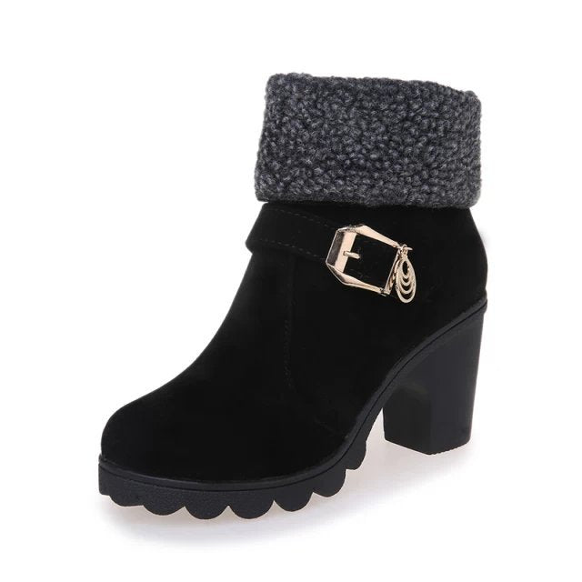 Belt Buckle Flanging High-heel Warm Women's Boots - L&M LIFE PRODUCTS