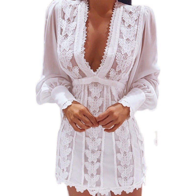 White Elegant Dresses Sexy V Neck Lace Dress Long Puff Sleeve Butterfly Dress For Women - L&M LIFE PRODUCTS