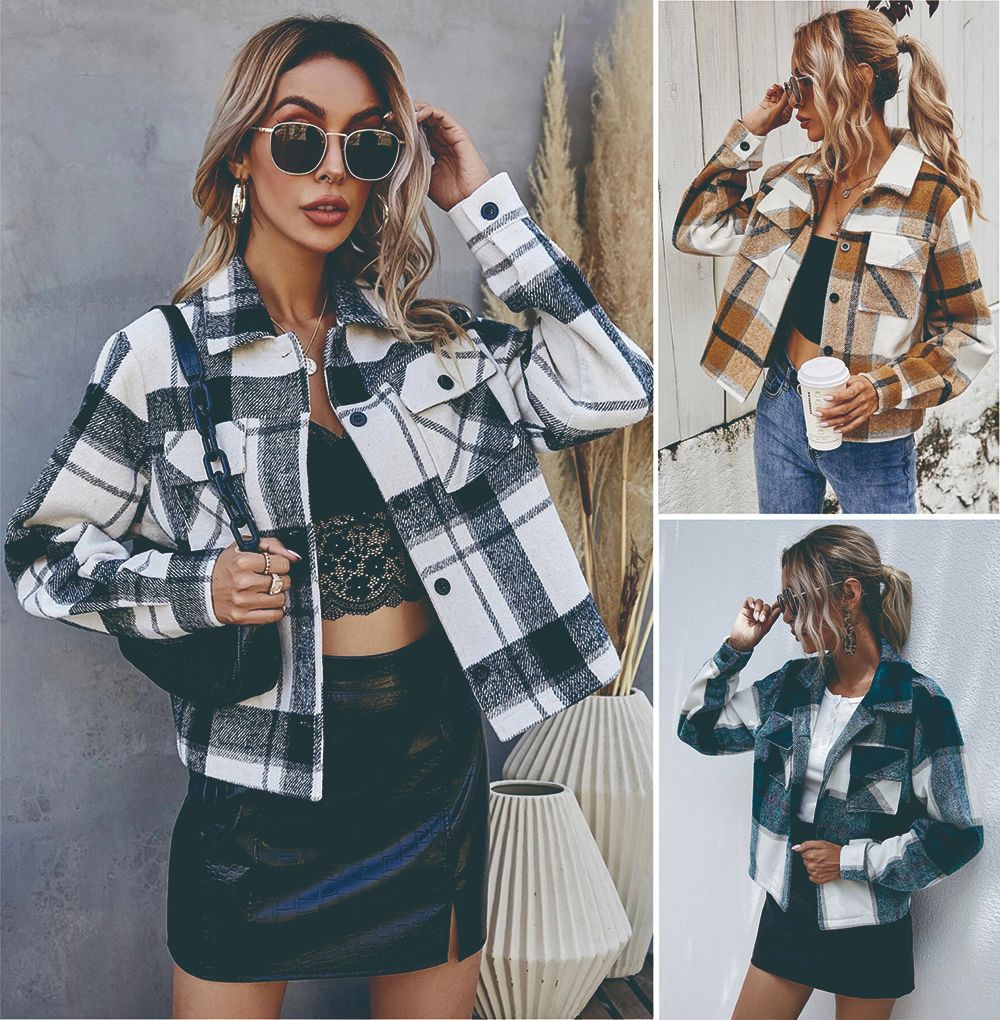 Single-breasted Woolen Plaid Short Coat Women - L&M LIFE PRODUCTS