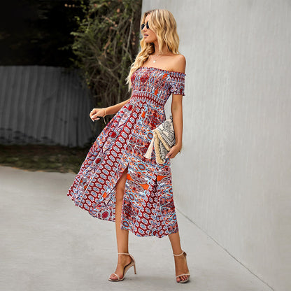 Women's Dress Boho Floral Print Off Shoulder Split Long A Line Beach Dress - L&M LIFE PRODUCTS