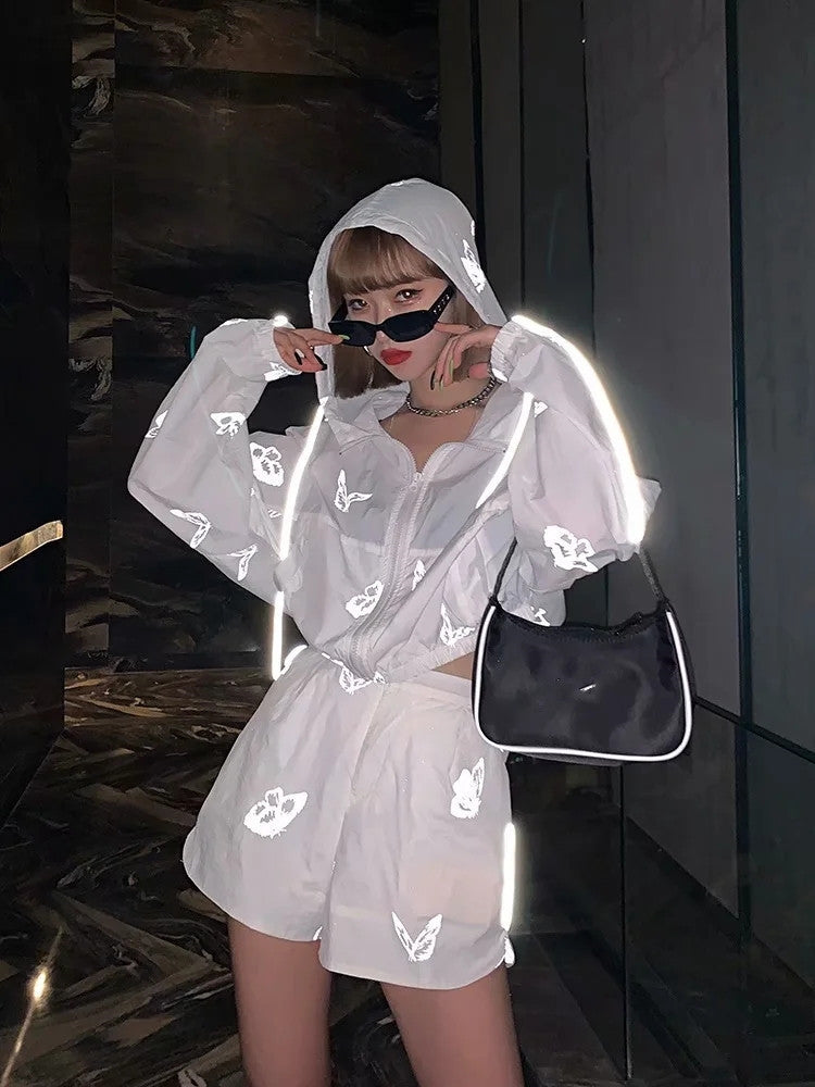 Two Piece Set Women Reflective Butterfly Print Playsuits Hoodies High Waist Lace Up Wide Leg Zip Shorts Loose - L&M LIFE PRODUCTS