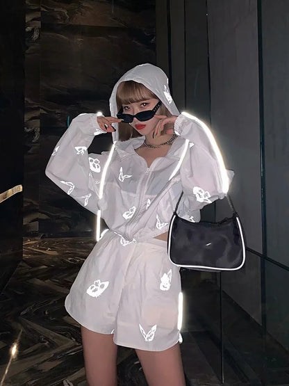 Two Piece Set Women Reflective Butterfly Print Playsuits Hoodies High Waist Lace Up Wide Leg Zip Shorts Loose - L&M LIFE PRODUCTS