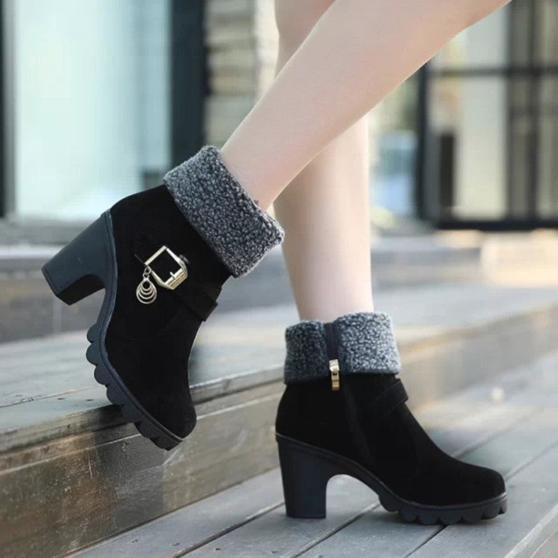 Belt Buckle Flanging High-heel Warm Women's Boots - L&M LIFE PRODUCTS