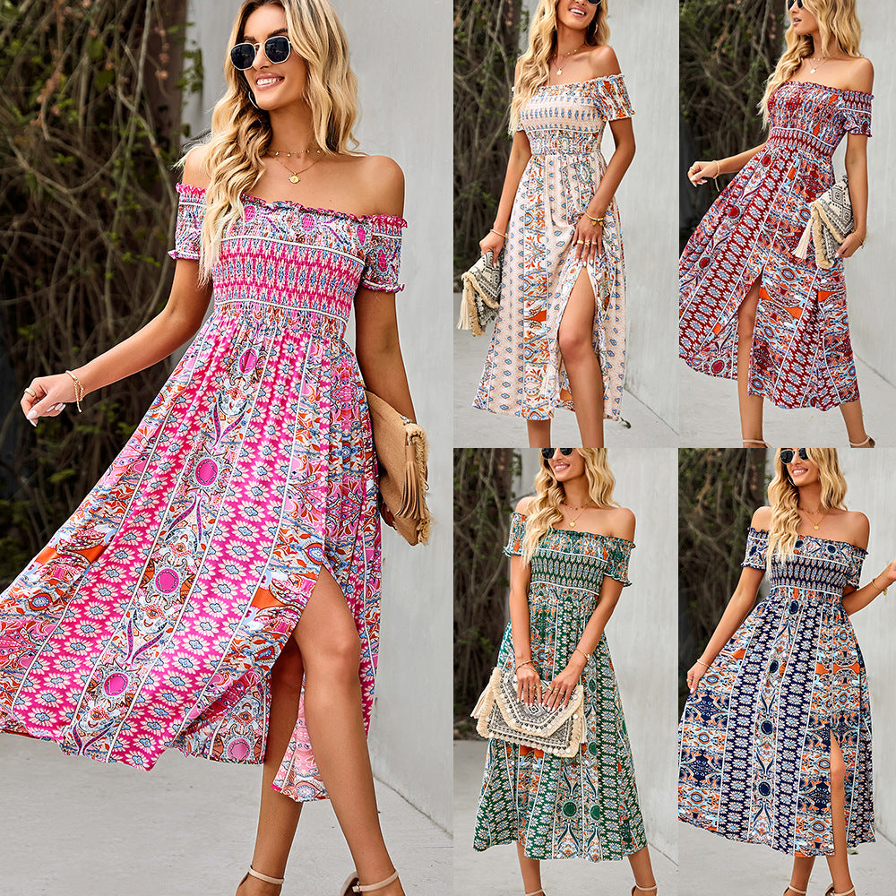 Women's Dress Boho Floral Print Off Shoulder Split Long A Line Beach Dress - L&M LIFE PRODUCTS