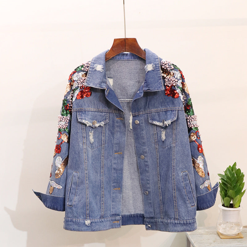Loose Heavy Industry Embroidered Beaded Sequins Slimming Denim Jacket Women - L&M LIFE PRODUCTS