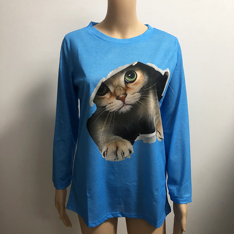 Fashion Round Neck Pullover Cat Long Sleeve Women's T-Shirt - L&M LIFE PRODUCTS