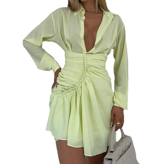 Solid Color Sexy Pleated Shirt Dress Women - L&M LIFE PRODUCTS