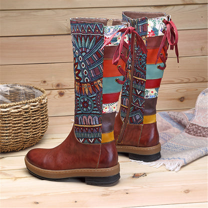 Vintage Mid-calf Boots Women Shoes Bohemian Retro Genuine Leather Motorcycle Boots Printed Side Zipper Back Lace Up Botas - L&M LIFE PRODUCTS