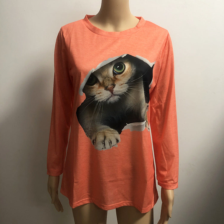 Fashion Round Neck Pullover Cat Long Sleeve Women's T-Shirt - L&M LIFE PRODUCTS