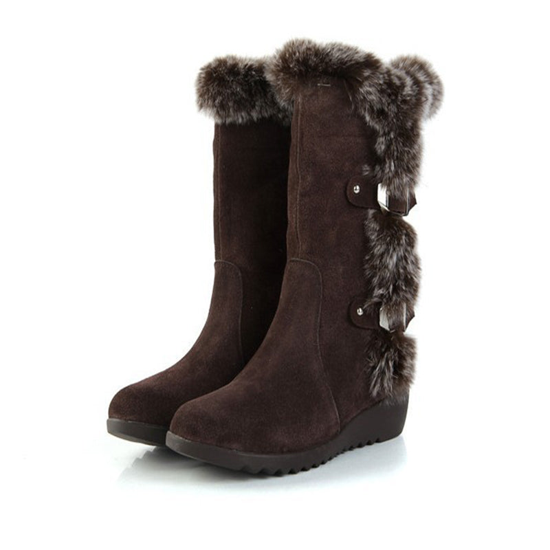 Brown New Winter Women Casual Warm Fur Mid-Calf Boots Shoes Women Slip-On Round Toe Flats Snow Boots Shoes - L&M LIFE PRODUCTS