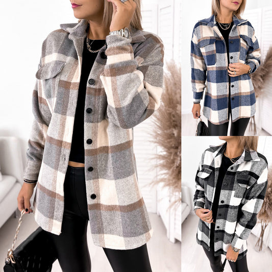 Long-sleeved Single-breasted Plaid Print Shirt Collar Woolen Jacket - L&M LIFE PRODUCTS