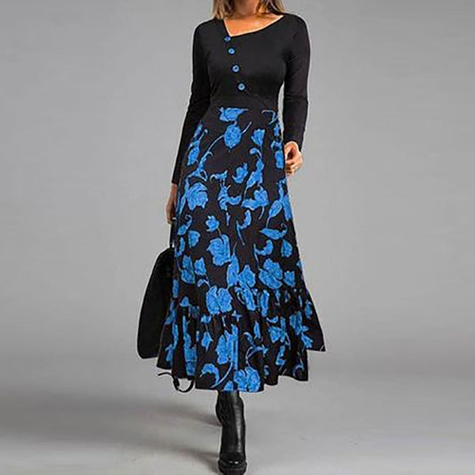 Elegant Patchwork Button Slim Waist Party Dress Retro Floral Print Long Sleeve Boho Dress Women  Diagonal Collar Maxi Dress - L&M LIFE PRODUCTS