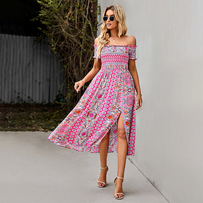 Women's Dress Boho Floral Print Off Shoulder Split Long A Line Beach Dress - L&M LIFE PRODUCTS