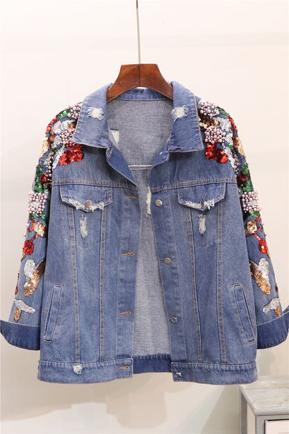 Loose Heavy Industry Embroidered Beaded Sequins Slimming Denim Jacket Women - L&M LIFE PRODUCTS