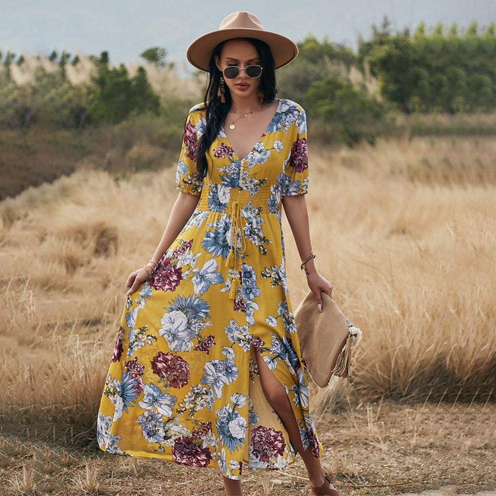 Floral Summer Beach Dress With V Neck Elastic Waist Dresses For Women - L&M LIFE PRODUCTS