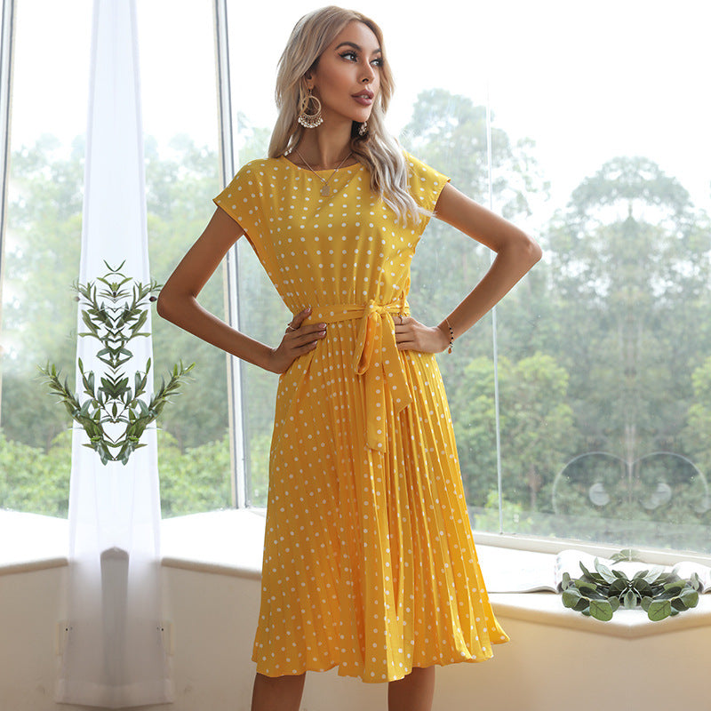 Summer Women Polka Dot Short Sleeve Dress Casual Bandage Party Pleated Midi Dresses Elegant Green Office Lady Clothing - L&M LIFE PRODUCTS