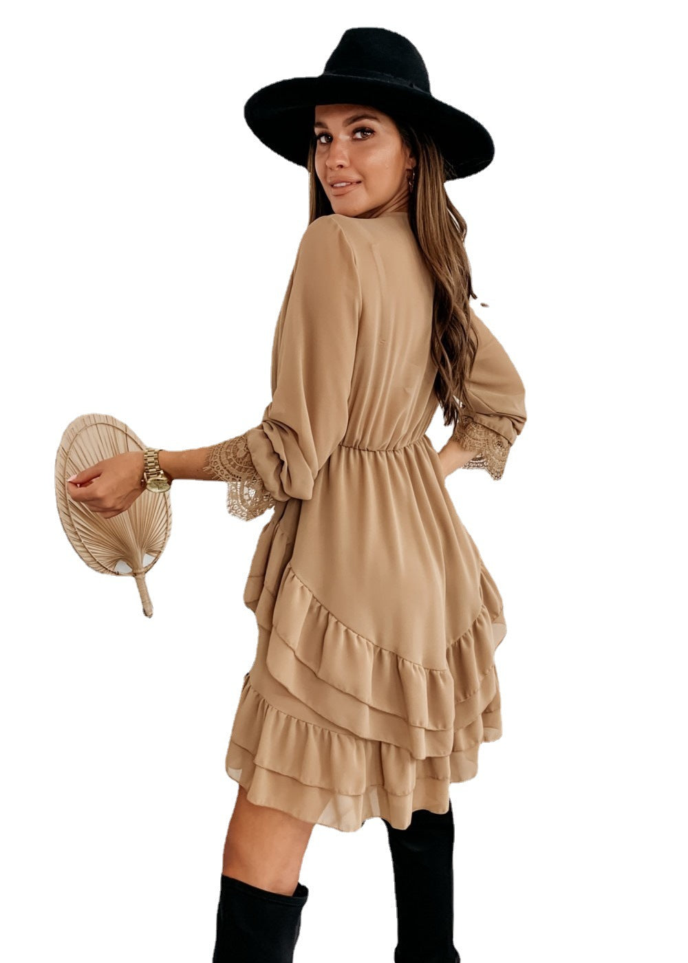Turtleneck Long Sleeve V-Neck Ruffle Skirt Chiffon Dress - L&M LIFE PRODUCTS