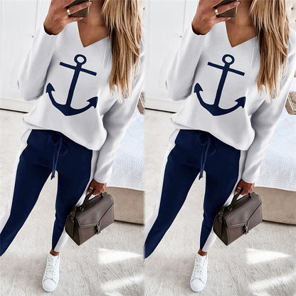 Anchor Print Long-sleeved V-neck Fashion Casual Suit - L&M LIFE PRODUCTS