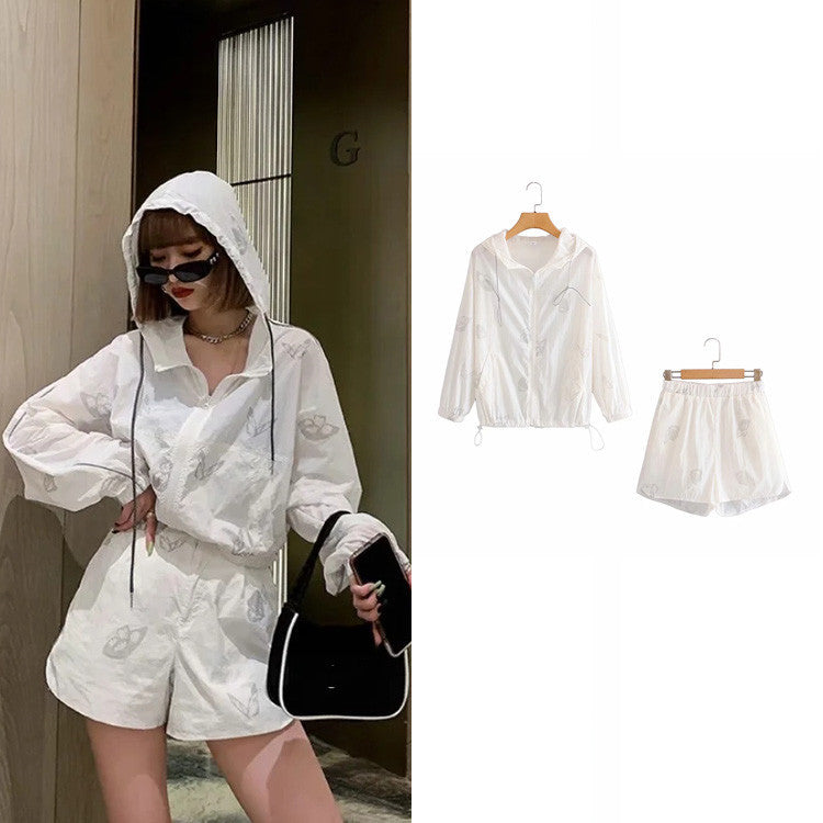 Two Piece Set Women Reflective Butterfly Print Playsuits Hoodies High Waist Lace Up Wide Leg Zip Shorts Loose - L&M LIFE PRODUCTS