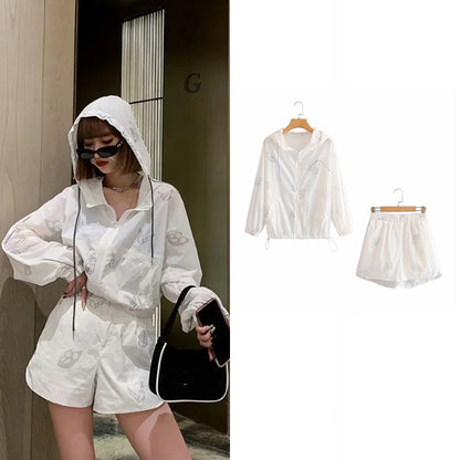 Two Piece Set Women Reflective Butterfly Print Playsuits Hoodies High Waist Lace Up Wide Leg Zip Shorts Loose - L&M LIFE PRODUCTS