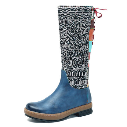 Vintage Mid-calf Boots Women Shoes Bohemian Retro Genuine Leather Motorcycle Boots Printed Side Zipper Back Lace Up Botas - L&M LIFE PRODUCTS