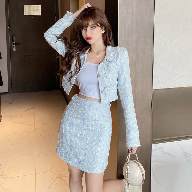 Tweed Slim Short Coat High Waist Bag Hip Skirt Two-piece Suit - L&M LIFE PRODUCTS