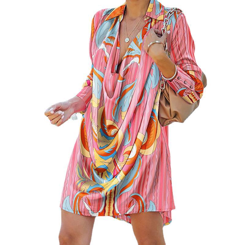 Leopard Print A-Line Party Dress Lady Lapel Fashion Shirt Dress Women Vintage Long Sleeve Draped Mini Dress - L&M LIFE PRODUCTS