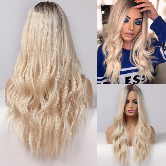 European And American Style Wig Female High-temperature Fiber Hair Brown Golden Gradient Medium Points Without Bangs Big Wave Curly Hair - L&M LIFE PRODUCTS