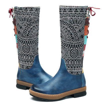 Vintage Mid-calf Boots Women Shoes Bohemian Retro Genuine Leather Motorcycle Boots Printed Side Zipper Back Lace Up Botas - L&M LIFE PRODUCTS