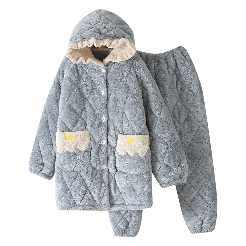 Pajamas Women Plus Cotton Coral Velvet Thick Quilted Cartoon Mid-length Flannel Home Service Suit - L&M LIFE PRODUCTS
