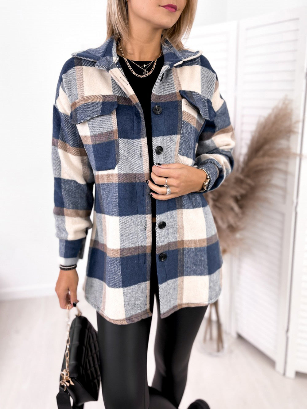 Long-sleeved Single-breasted Plaid Print Shirt Collar Woolen Jacket - L&M LIFE PRODUCTS
