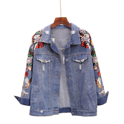 Loose Heavy Industry Embroidered Beaded Sequins Slimming Denim Jacket Women - L&M LIFE PRODUCTS