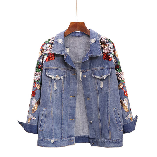 Loose Heavy Industry Embroidered Beaded Sequins Slimming Denim Jacket Women - L&M LIFE PRODUCTS