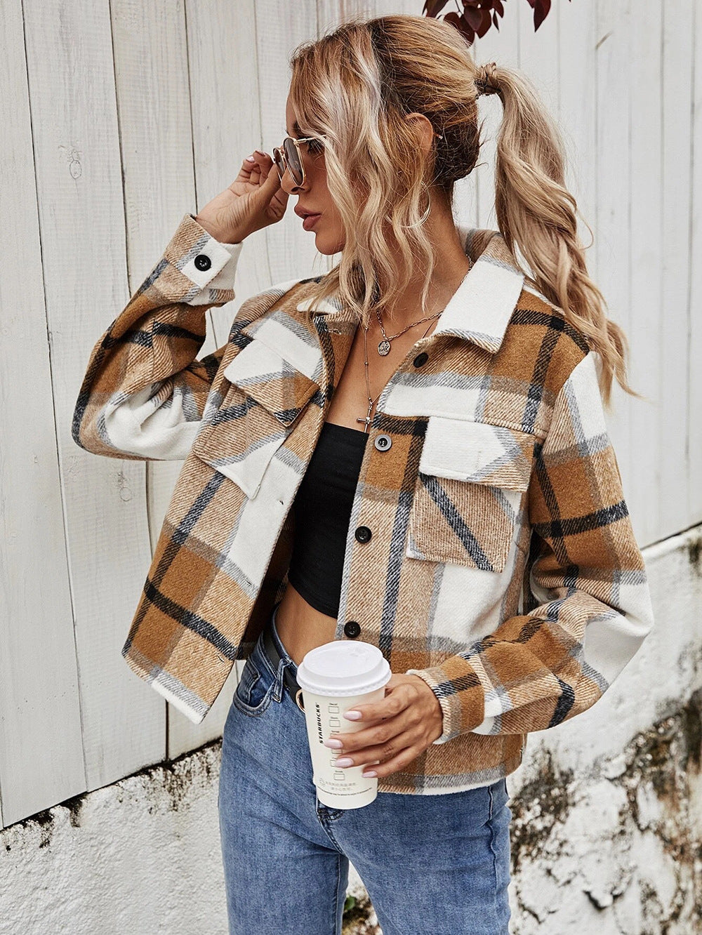 Single-breasted Woolen Plaid Short Coat Women - L&M LIFE PRODUCTS