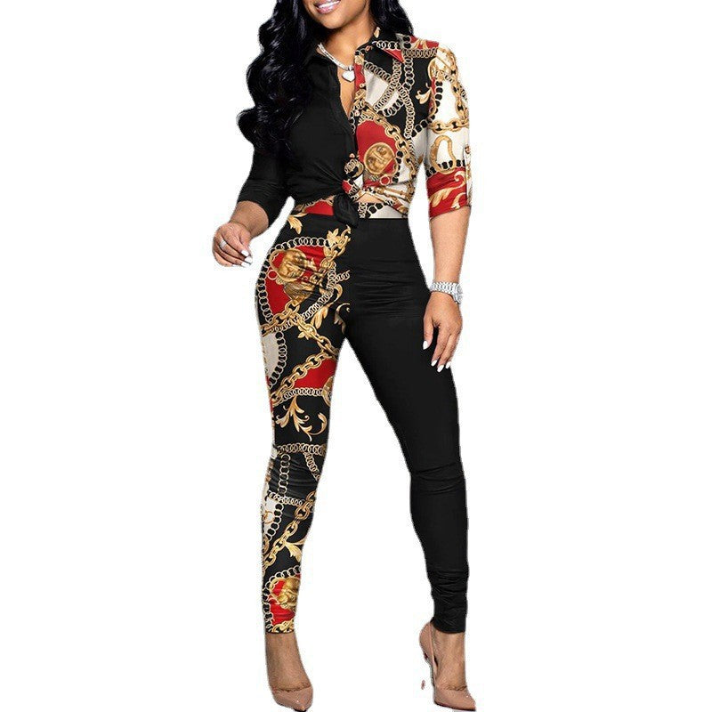 Women's Color Matching Printed Long-sleeved Lapel Shirt And Casual Pants Two-piece Suit - L&M LIFE PRODUCTS