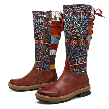 Vintage Mid-calf Boots Women Shoes Bohemian Retro Genuine Leather Motorcycle Boots Printed Side Zipper Back Lace Up Botas - L&M LIFE PRODUCTS