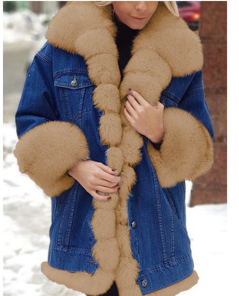 Ladies Fur One Denim Long Long Sleeve Coat - L&M LIFE PRODUCTS