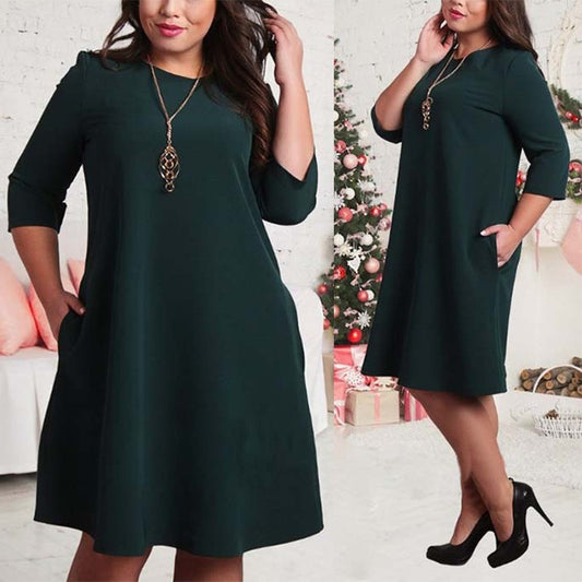 Solid Color Round Neck Sleeves Plus Size Dress - L&M LIFE PRODUCTS