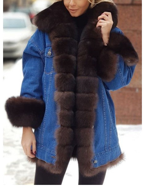 Ladies Fur One Denim Long Long Sleeve Coat - L&M LIFE PRODUCTS
