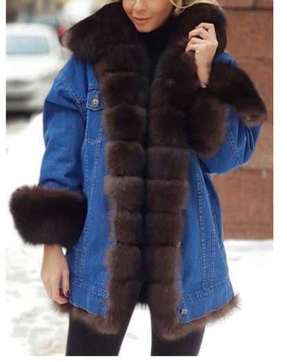 Ladies Fur One Denim Long Long Sleeve Coat - L&M LIFE PRODUCTS