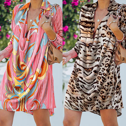 Leopard Print A-Line Party Dress Lady Lapel Fashion Shirt Dress Women Vintage Long Sleeve Draped Mini Dress - L&M LIFE PRODUCTS