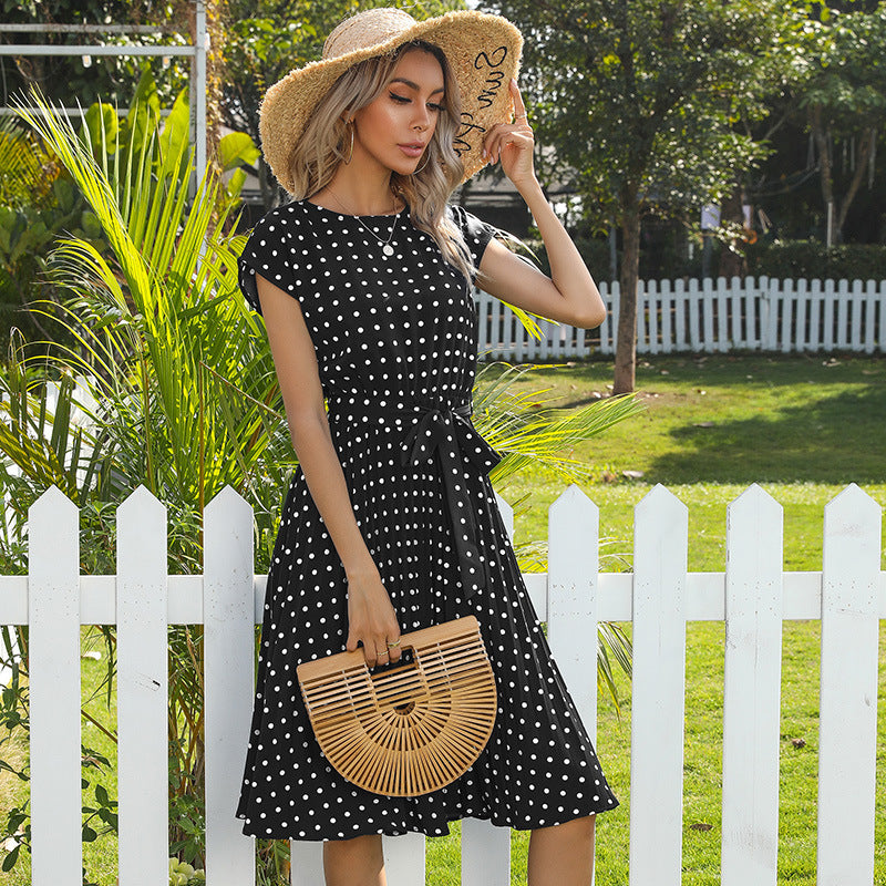 Summer Women Polka Dot Short Sleeve Dress Casual Bandage Party Pleated Midi Dresses Elegant Green Office Lady Clothing - L&M LIFE PRODUCTS