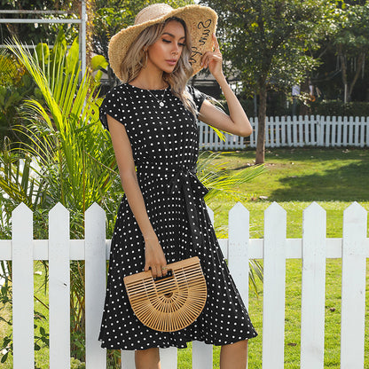 Summer Women Polka Dot Short Sleeve Dress Casual Bandage Party Pleated Midi Dresses Elegant Green Office Lady Clothing - L&M LIFE PRODUCTS
