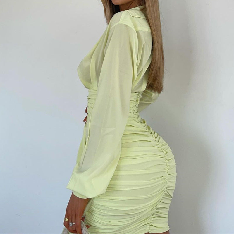 Solid Color Sexy Pleated Shirt Dress Women - L&M LIFE PRODUCTS
