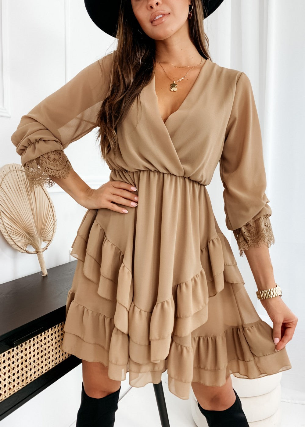 Turtleneck Long Sleeve V-Neck Ruffle Skirt Chiffon Dress - L&M LIFE PRODUCTS