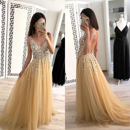 Hot Sale Front And Back V-neck Sequined Floor-length Dovetail Dress - L&M LIFE PRODUCTS