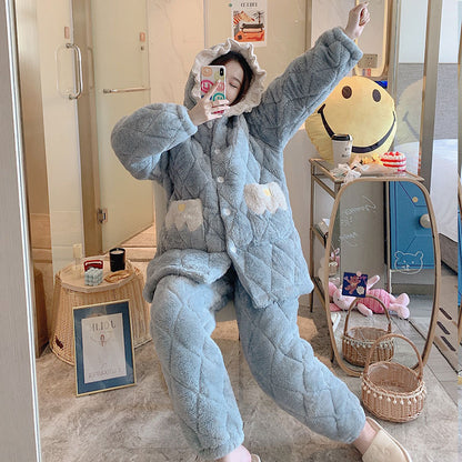 Pajamas Women Plus Cotton Coral Velvet Thick Quilted Cartoon Mid-length Flannel Home Service Suit - L&M LIFE PRODUCTS