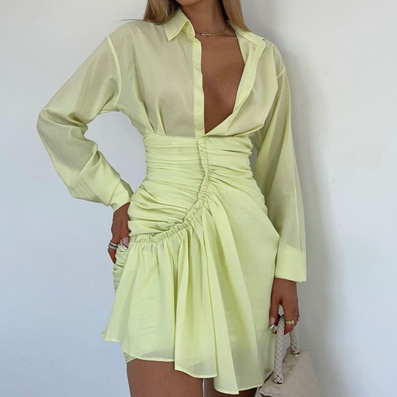 Solid Color Sexy Pleated Shirt Dress Women - L&M LIFE PRODUCTS