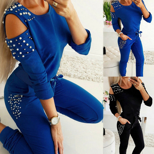 Sexy Beaded Solid Color Round Neck Long Sleeve Off-the-shoulder Sweatshirt Set - L&M LIFE PRODUCTS