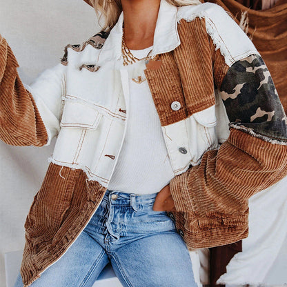 Lapel Retro Camouflage Corduroy Jacket - L&M LIFE PRODUCTS